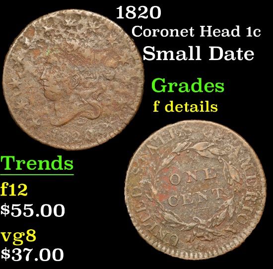 1820 Coronet Head Large Cent 1c Grades f details