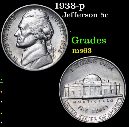 1938-p Jefferson Nickel 5c Grades Select Unc