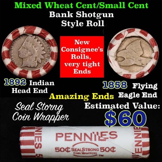 Mixed small cents 1c orig shotgun roll, 1858 Flying Eagle Cent, 1892 Indian Cent other end