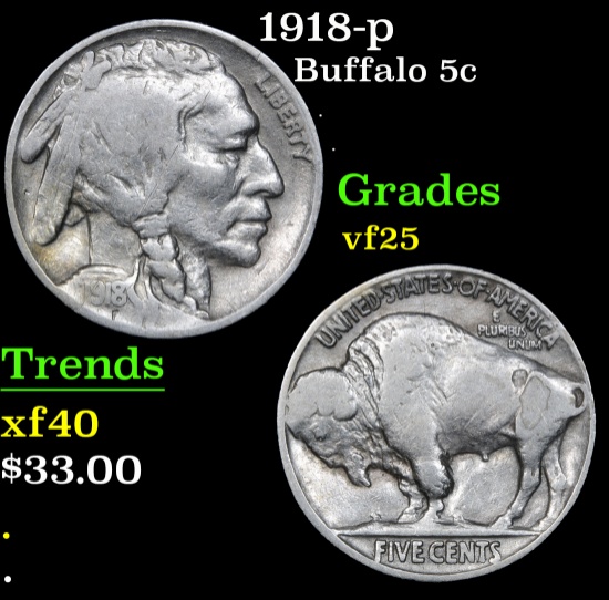 1918-p Buffalo Nickel 5c Grades vf+