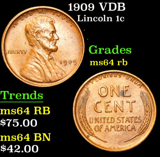 1909 VDB . . Lincoln Cent 1c Grades Choice Unc RB