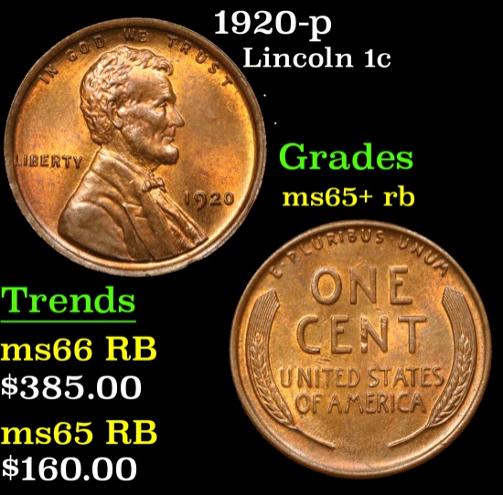 1920-p . . Lincoln Cent 1c Grades GEM Unc RB