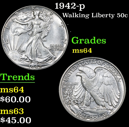 1942-p . . Walking Liberty Half Dollar 50c Grades Choice Unc