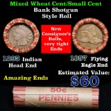 Mixed small cents 1c orig shotgun roll, 1893 Indian one end, 1857 Flying Eagle other end