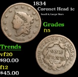 1834 Small 8, Large Stars . Coronet Head Large Cent 1c Grades f+
