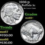 1936-p Die Cracked Cheek . Buffalo Nickel 5c Grades GEM++ Unc
