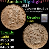 ***Auction Highlight*** 1828 Some Red Peeking Thru . Coronet Head Large Cent 1c Graded Choice AU/BU