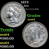 1872 Very Strong Strike . Three Cent Copper Nickel 3cn Grades Choice Unc