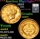 ***Auction Highlight*** 1852 Struck Thru Obv . Gold Liberty Dollar 1 Graded Select+ Unc By USCG (fc)