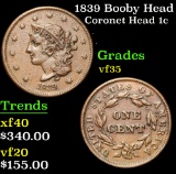 1839 Booby Head . . Coronet Head Large Cent 1c Grades vf++