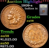 ***Auction Highlight*** 1909-s . . Indian Cent 1c Graded Choice AU/BU Slider By USCG (fc)