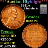 ***Auction Highlight*** 1911-s . . Lincoln Cent 1c Graded Choice Unc RD By USCG (fc)