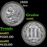 1869 . . Three Cent Copper Nickel 3cn Grades Select Unc