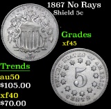 1867 No Rays . . Shield Nickel 5c Grades Select AU