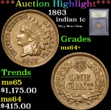 ***Auction Highlight*** 1863 Very Near Gem . Indian Cent 1c Graded Choice+ Unc By USCG (fc)