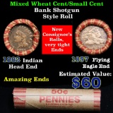 Mixed small cents 1c orig shotgun roll, 1882 Indian one end, 1857 Flying Eagle other end