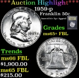 ***Auction Highlight*** 1959-p Incredible Eye Appeal . Franklin Half Dollar 50c Graded GEM+ FBL By U