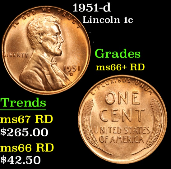 1951-d Lincoln Cent 1c Grades GEM++ RD