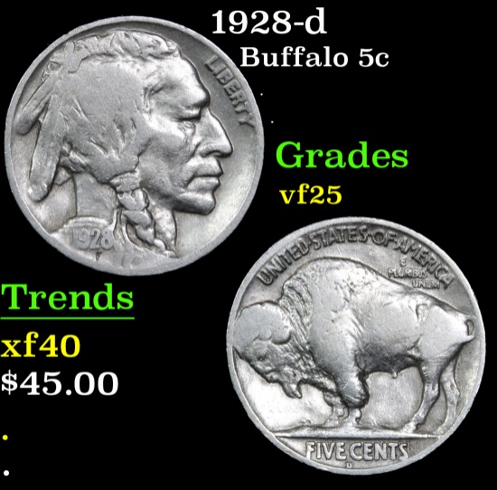 1928-d Buffalo Nickel 5c Grades vf+