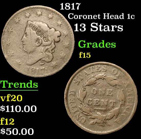 1817 Coronet Head Large Cent 1c Grades f+