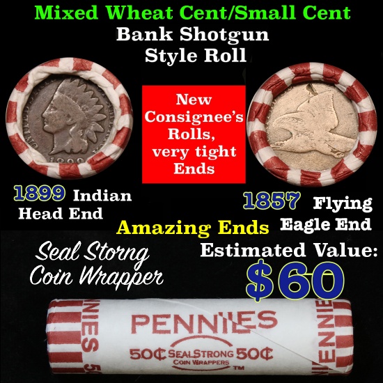 Mixed small cents 1c orig shotgun roll, 1857 Flying Eagle Cent, 1899 Indian Cent other end