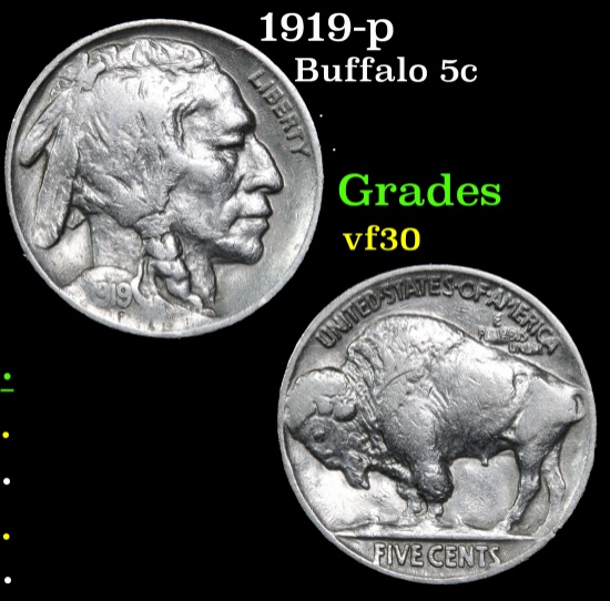 1919-p Buffalo Nickel 5c Grades vf++