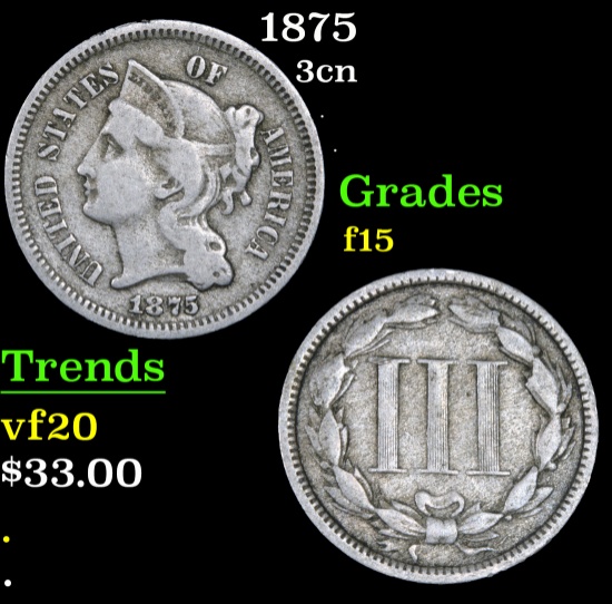 1875 Three Cent Copper Nickel 3cn Grades f+