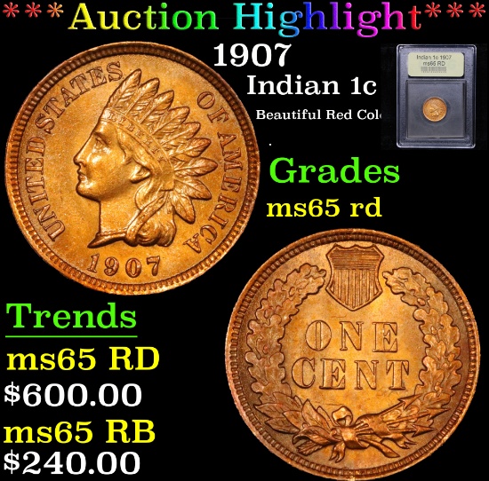 ***Auction Highlight*** 1907 Indian Cent 1c Graded GEM Unc RD By USCG (fc)