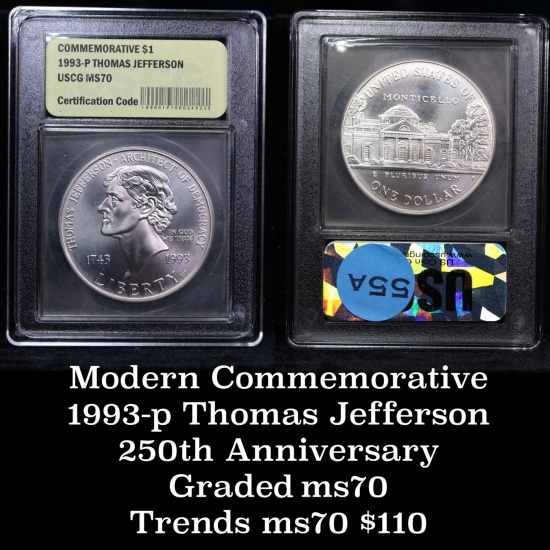 1993-p Jefferson Modern Commem Dollar $1 Graded ms70, Perfection By USCG