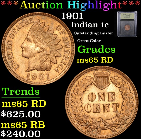 ***Auction Highlight*** 1901 Indian Cent 1c Graded GEM Unc RD By USCG (fc)