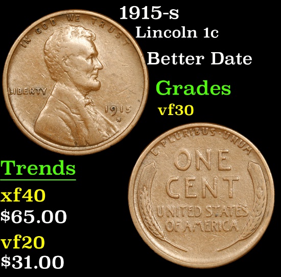 1915-s Lincoln Cent 1c Grades vf++