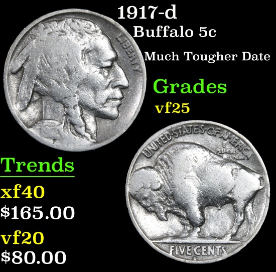 1917-d Buffalo Nickel 5c Grades vf+