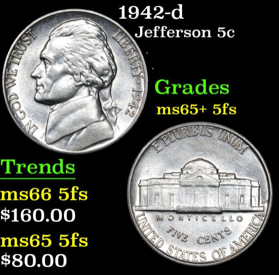 1942-d Jefferson Nickel 5c Grades GEM+ 5fs