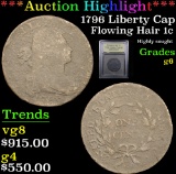 ***Auction Highlight*** 1796 Liberty Cap Flowing Hair large cent 1c Graded g+ By USCG (fc)