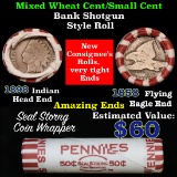Mixed small cents 1c orig shotgun roll, 1858 Flying Eagle Cent, 1898 Indian Cent other end