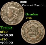 1830 Coronet Head Large Cent 1c Grades vf+