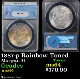 ANACS 1887-p Rainbow Toned Morgan Dollar $1 Graded Choice Unc By ANACS