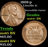 1909-p Lincoln Cent 1c Grades Choice+ Unc BN