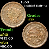 1853 Braided Hair Half Cent 1/2c Grades vf+