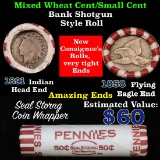 Mixed small cents 1c orig shotgun roll, 1858 Flying Eagle, 1891 Indian Cent other end