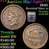 ***Auction Highlight*** 1845 Braided Hair Large Cent 1c Graded Select Unc BN By USCG (fc)