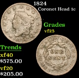 1824 Coronet Head Large Cent 1c Grades vf+