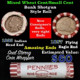 Mixed small cents 1c orig shotgun roll, 1857 Flying Eagle, 1895 Indian Cent other end