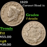 1829 Coronet Head Large Cent 1c Grades f details