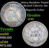 1884-p Rainbow Toned Seated Liberty Dime 10c Grades xf+