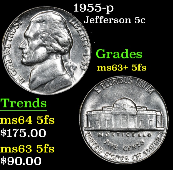 1955-p Jefferson Nickel 5c Grades Select Unc+ 5fs