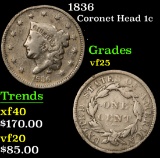 1836 Coronet Head Large Cent 1c Grades vf+