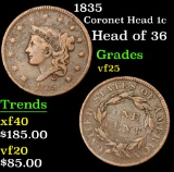 1835 Coronet Head Large Cent 1c Grades vf+