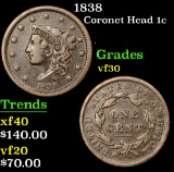 1838 Coronet Head Large Cent 1c Grades vf++