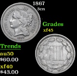 1867 Three Cent Copper Nickel 3cn Grades xf+